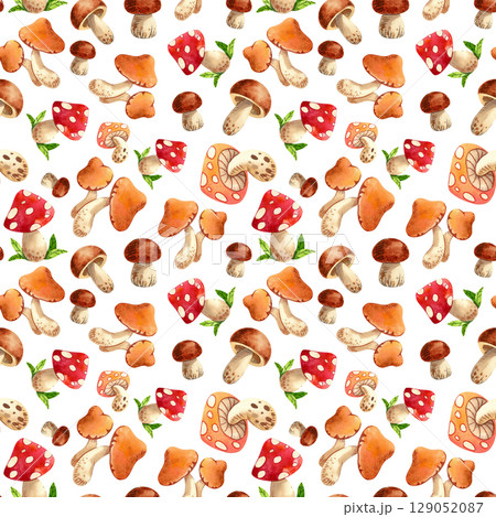 Colorful seamless pattern with autumn leaves and mushrooms. Hand drawn watercolor illustration of plants for your design, print, textile. 129052087