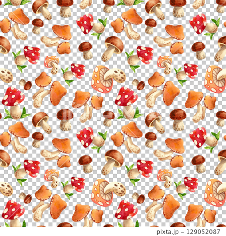 Colorful seamless pattern with autumn leaves and mushrooms. Hand drawn watercolor illustration of plants for your design, print, textile. 129052087