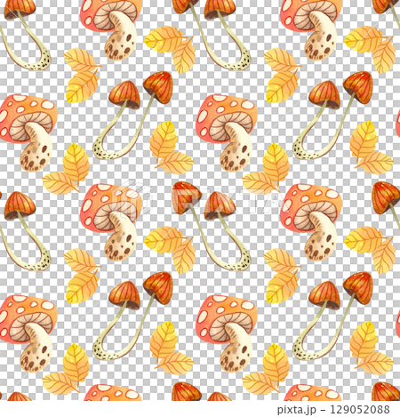 Seamless pattern with autumn leaves and mushrooms. Hand drawn watercolor illustration of plants for your design, print, textile Seamless pattern with autumn leaves and mushrooms. Hand drawn watercolor illustration of plants for your design, print, textile 129052088