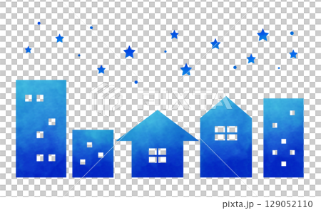 水彩風格藍色城市景觀和閃爍的星星插圖 129052110