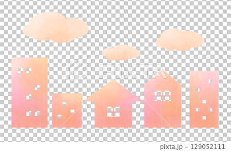 Watercolor style pink-orange cityscape and fluffy clouds illustration 129052111