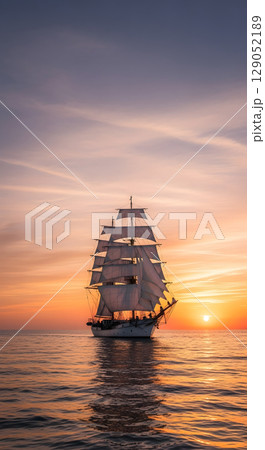 帆船がある海の夕焼けの風景のイラスト素材 [129052189] - PIXTA
