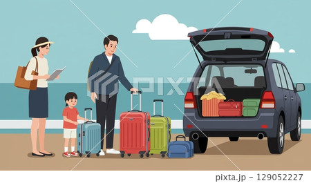 最高の笑顔で出発！家族と楽しい車でお出かけ 129052227