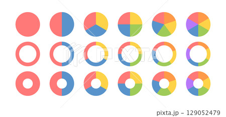 Circle division infographic icon set. Pie chart divided 3,4,5,6 equal parts. Color pizza, donut round diagram. Infographic wheel segment and fraction. Vector illustration isolated on white background Circle division infographic icon set. Pie chart divided 3,4,5,6 equal parts. Color pizza, donut round diagram. Infographic wheel segment and fraction. Vector illustration isolated on white background 129052479