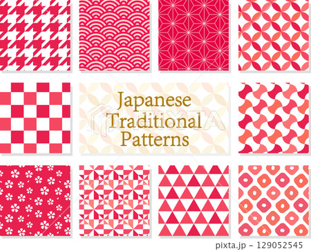 シームレスな和柄パターンセット 赤色(青海波・麻の葉・市松・七宝 など) シームレスな和柄パターンセット 赤色(青海波・麻の葉・市松・七宝 など) 129052545