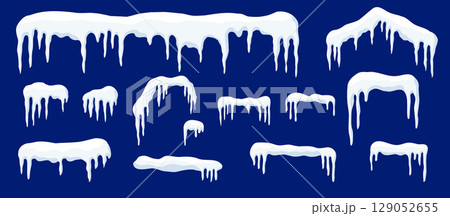 Frosty Roof Elements: Snow Caps and Icicles Vector Pack 129052655