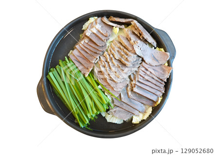 Traditional Korean Boiled Pork Slices with Fresh Vegetables in Hot Pot Korean Cuisine Healthy Meal 129052680