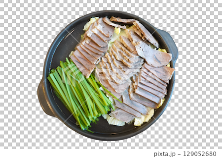 Traditional Korean Boiled Pork Slices with Fresh Vegetables in Hot Pot Korean Cuisine Healthy Meal 129052680