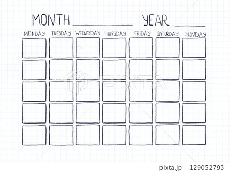 Blank monthly planner on a sheet of squared notebook, printable template. Watercolor illustration hand drawn, cartoon. School, schedule, lessons, activities, planning 129052793