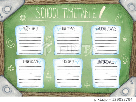 School timetable template for print. Watercolor illustration of a school green board with sheets of paper, hand drawn, cartoon. School, schedule, lessons, activities, planning 129052794