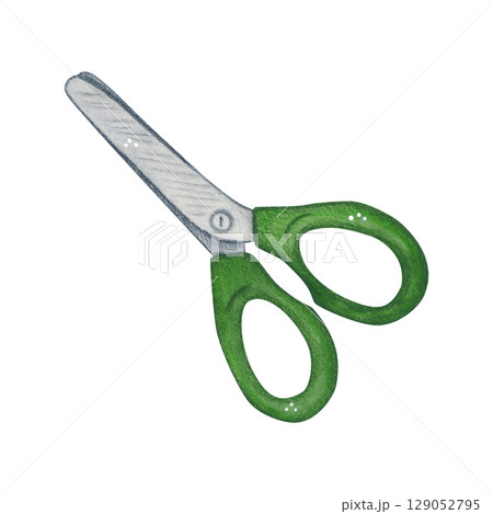 Stationery scissors with green handles. Watercolor illustration hand drawn, cartoon. Drawing for stickers, stickers, scrapbooking. Cut, blades, handles, school, stationery, study, applique 129052795
