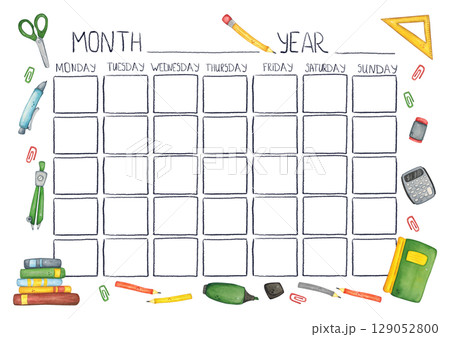 Monthly planner in a frame made of school objects, printable template. Watercolor illustration hand-drawn, cartoon. School, schedule, lessons, classes, planning Monthly planner in a frame made of school objects, printable template. Watercolor illustration hand-drawn, cartoon. School, schedule, lessons, classes, planning 129052800