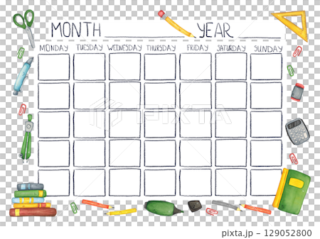 Monthly planner in a frame made of school objects, printable template. Watercolor illustration hand-drawn, cartoon. School, schedule, lessons, classes, planning Monthly planner in a frame made of school objects, printable template. Watercolor illustration hand-drawn, cartoon. School, schedule, lessons, classes, planning 129052800