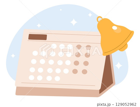 Calendar with yellow bell alert or event reminder. Task scheduler. Memo notification. Appointment organizer. Attention agenda notice ring. Productivity office management. Vector concept 129052962