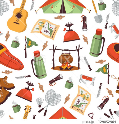 Camping seamless pattern. Outdoor equipment for outdoor activities. Tourists tent. Picnic bonfire. Repeated print. Hiking boots. Travel map. Gas burner or campfire. Vector background 129052964