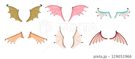 Cartoon colorful dragon or bat wings. Webbed parts of mythical animals. Carnival masquerade costume. Gargoyle attribute. Pterodactyl reptile. Fairytale creatures elements vector set Cartoon colorful dragon or bat wings. Webbed parts of mythical animals. Carnival masquerade costume. Gargoyle attribute. Pterodactyl reptile. Fairytale creatures elements vector set 129052966