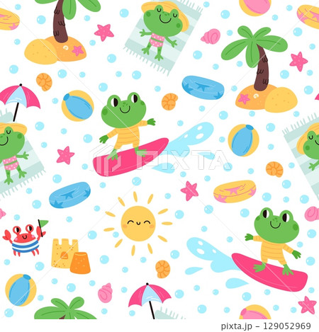Cartoon frogs relaxing. Summer vacation seamless pattern. Animal sunbathing on beach and riding surfboard. Repeated print. Happy froglet resting at seashore resort. Vector background Cartoon frogs relaxing. Summer vacation seamless pattern. Animal sunbathing on beach and riding surfboard. Repeated print. Happy froglet resting at seashore resort. Vector background 129052969