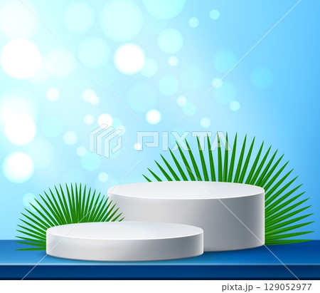 Catwalk for cosmetics advertisement decorated with tropical monstera palm leaves on blue background. Bokeh flashes. Cylinder empty pedestal. 3D podium stand. Vector product display 129052977