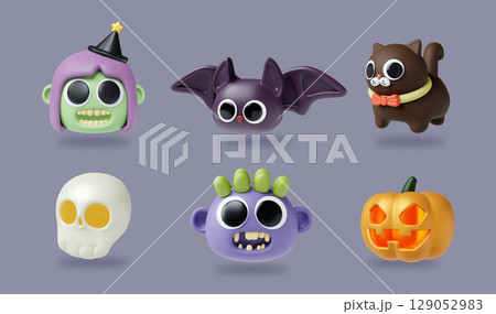 3D Halloween cute set featuring adorable spooky characters and items 3D render illustration 129052983