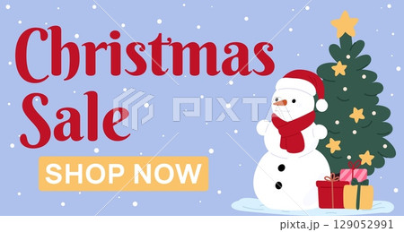 Christmas poster. Seasonal sale card. Snowman with Xmas tree and gifts. Discount advertising. Buy presents for winter celebration. Shopping promotion. Special offer. Vector background Christmas poster. Seasonal sale card. Snowman with Xmas tree and gifts. Discount advertising. Buy presents for winter celebration. Shopping promotion. Special offer. Vector background 129052991