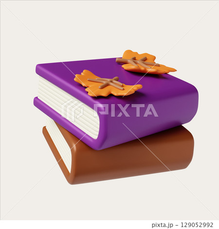 3D Halloween cute book icon with leaves. 3D render illustration 129052992