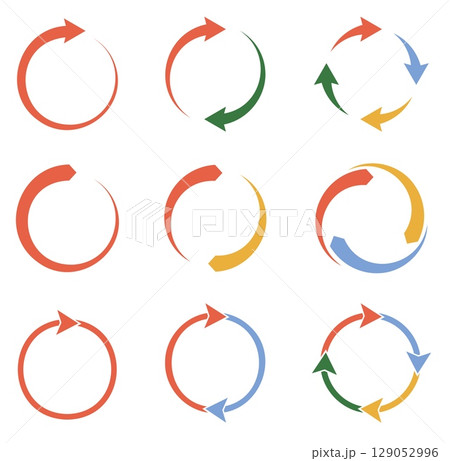 Circular multicolored loading arrows or infographic circles. Refresh or waiting process. Recycling pictogram. Reset loop. Spin direction. Restart rotation. Vector graphic icons set 129052996