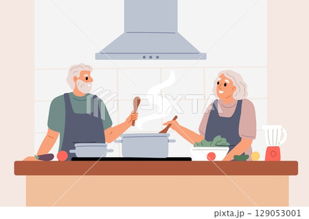 Elderly man and woman preparing food together in kitchen. Senior couple. Dinner preparation. Grandparents leisure. Old wife and husband cooking at home. Culinary hobby. Vector concept 129053001