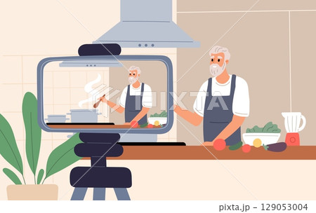 Elderly man in apron prepares food in kitchen and records cook process on camera. Video blog filming. Senior male showing dinner preparation. Grandfather at camcorder. Vector concept Elderly man in apron prepares food in kitchen and records cook process on camera. Video blog filming. Senior male showing dinner preparation. Grandfather at camcorder. Vector concept 129053004