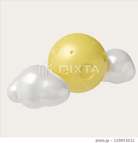 3D playful moon and clouds icon. 3D render illustration 129053012