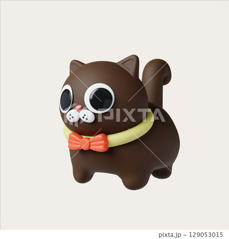 3D Halloween cute icon featuring playful brown cat with bowtie. 3D render illustration 129053015