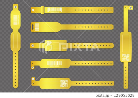 Gold wrist bracelet for concert or business event passes. Fan ID wristlet mockup. Blank tapes. VIP entry. Access QR barcode. Entrance ticket. Security checking 3D objects vector set Gold wrist bracelet for concert or business event passes. Fan ID wristlet mockup. Blank tapes. VIP entry. Access QR barcode. Entrance ticket. Security checking 3D objects vector set 129053029