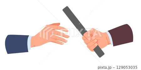 Hand with baton passes it other arm. Teamwork in business. Cooperation challenge. Runners group speed race. Sport competition for businessman. Colleagues collaboration. Vector concept 129053035