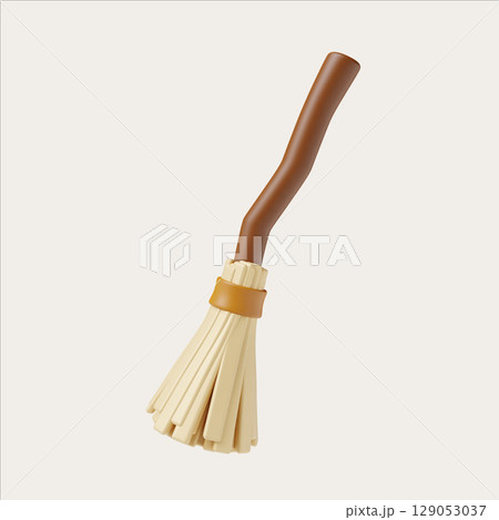 3D Halloween cute icon collection featuring broomstick and witch hat. 3D render illustration 129053037