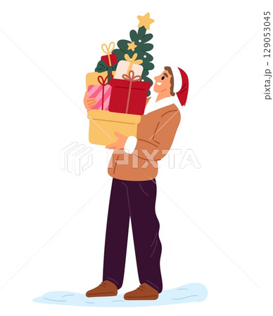 Jolly man in Santa hat with Christmas tree and presents in hands. Guy carrying gifts. Holiday celebration. Vector concept Happy person with Santa hat. New Year surprises. Vector concept 129053045