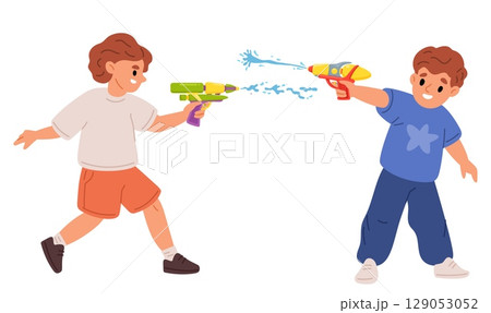 Little boys shoot water at each other with water guns. Plastic toy weapon. Children outdoor game. Pump blasters. Songkran party. Kids spraying liquid drop splatters. Vector concept 129053052