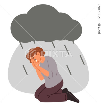Lonely sad girl sitting on floor and crying covering her face with hands. Rain cloud. Stress and depression. Mental disorder. Unhappy woman feeling sadness and grief. Vector concept Lonely sad girl sitting on floor and crying covering her face with hands. Rain cloud. Stress and depression. Mental disorder. Unhappy woman feeling sadness and grief. Vector concept 129053073