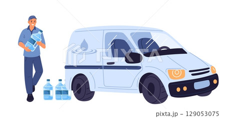 Male delivery man brought drinking water in plastic bottles for office cooler. Courier automobile van. Man carrying plastic aqua gallon canisters. Bottled liquid shipping. Vector concept 129053075