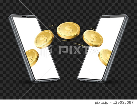 Online money transfer from one smartphone to another. Cashless payment on cellphone. Realistic mobile device screen. Golden coins transaction. Vector 3d objects on transparent background 129053097