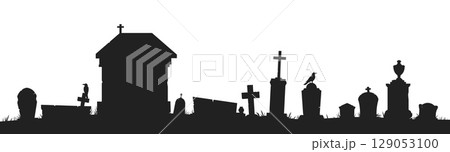 Panorama of old cemetery with tombstones. Crows on grave cross. Black silhouette landscape. RIP dead. Burial monuments. Halloween horror headstones border. Graveyard vector background Panorama of old cemetery with tombstones. Crows on grave cross. Black silhouette landscape. RIP dead. Burial monuments. Halloween horror headstones border. Graveyard vector background 129053100