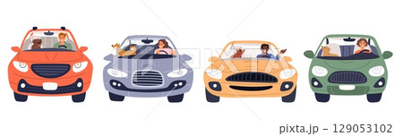 People driving cars. Men and women traveling with pet dogs. Drivers and passengers automobile trip. Vehicle windshield front view. City road traffic. Urban transport. Vector auto set People driving cars. Men and women traveling with pet dogs. Drivers and passengers automobile trip. Vehicle windshield front view. City road traffic. Urban transport. Vector auto set 129053102