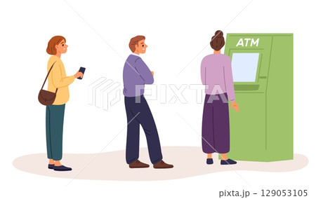 People queue up at ATM to get cash. Man or woman standing in waiting line to payment terminal. Banking transfer. Automated machine. Withdrawing money. Electronic cashpoint. Vector concept 129053105