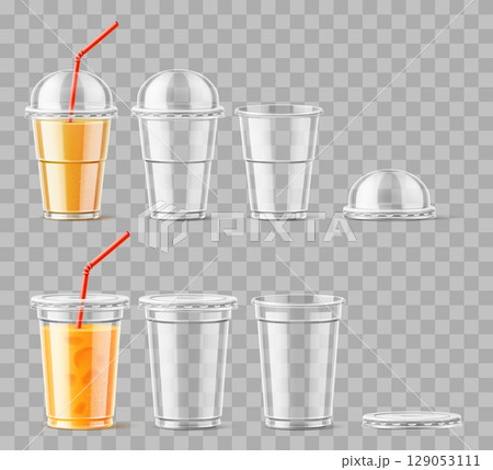 Realistic clear plastic juice glass. Full and empty cup with lid on transparent background. Beverage mug. Cocktail and smoothie. Disposable container for liquid. Vector 3D objects set 129053111