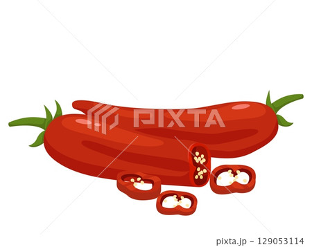 Red hot chili peppers with chunks and seeds. Cooking condiment ingredient. Ripe natural cayenne. Kitchen vegan whole product. Capsaicin plant. Food heat seasoning. Vector spicy vegetable 129053114