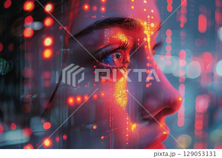 Woman with Red Data Reflections on Faceのイラスト素材 [129053131] - PIXTA