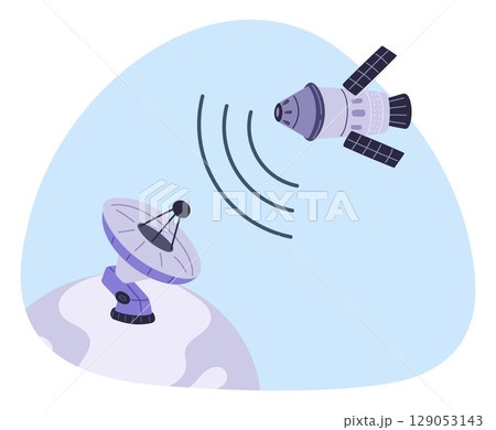 Satellite signal or telecommunications network. Transmission wave. Digital connection adish. Receive broadcast station at Earth planet. Global Internet communication. Vector concept 129053143