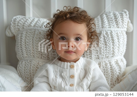 Baby with Curly Hair in White Knit Sweater on Textured Bedding 129053144