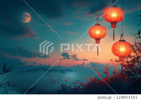 Lanterns Glowing Under a Full Moon Night 129053161