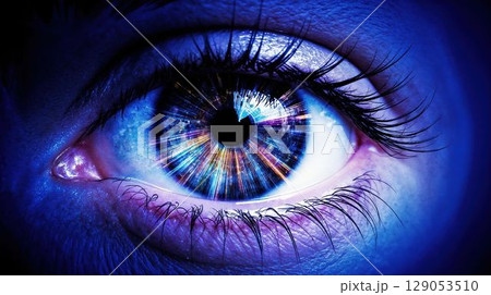 Colorful prismatic light burst inside human blue eye 129053510