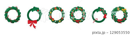 Set Christmas wreath and candles for greeting cards Merry Christmas and happy new year. Vector stock illustration isolated on white background for design poster, holiday cover, advertising, sales 129053550