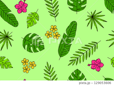 Pattern with stylized palm leaves. Decorative image of tropical foliage and plants. 129053606